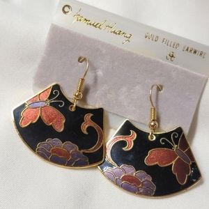 Vintage Samuel Huang Cloisonne Earrings - Floral Butterfly - NWT Gold Filled